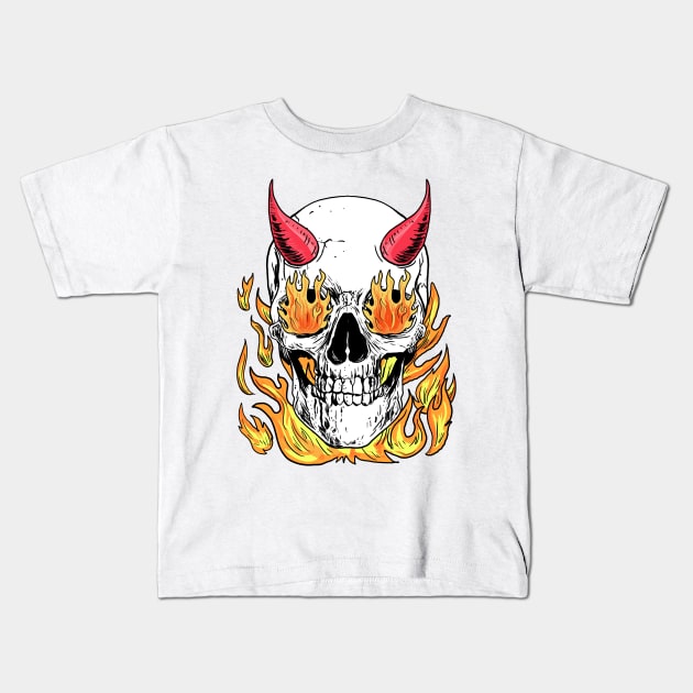 Horned-Skull in flames Kids T-Shirt by amramna